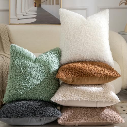 YAERTUN Pack of 2 Faux Fur Throw Pillow Covers Decorative Sherpa Boucle Pillow Covers Fuzzy Soft Pillowcases Sheepskin Fleece Cushion Case for Couch Sofa Bed Living Room 20x20 Inch Cream White by YAERTUN - Used condition - Image 6