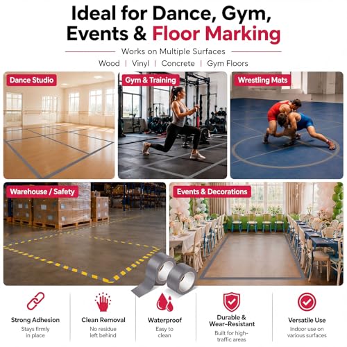 Image of Pangda 2 Rolls Dance Floor Vinyl Tape Grey 36 yd x 2 in Durable Tape Splicing Strong Adhesion No Residue for Gym Dance Room Restaurants Kitchen Floor Safety Marking
