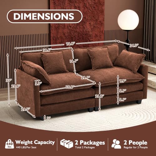 Image of Ihanherry Cloud Sofa 77 Inch Loveseat, Modern Sectional Couch, 2-Seats Sofa for Living Room Bedroom and Apartment, Comfy Double Layer Upholstered Seat Cushion, Breathable Chenille Fabric, Brick Red
