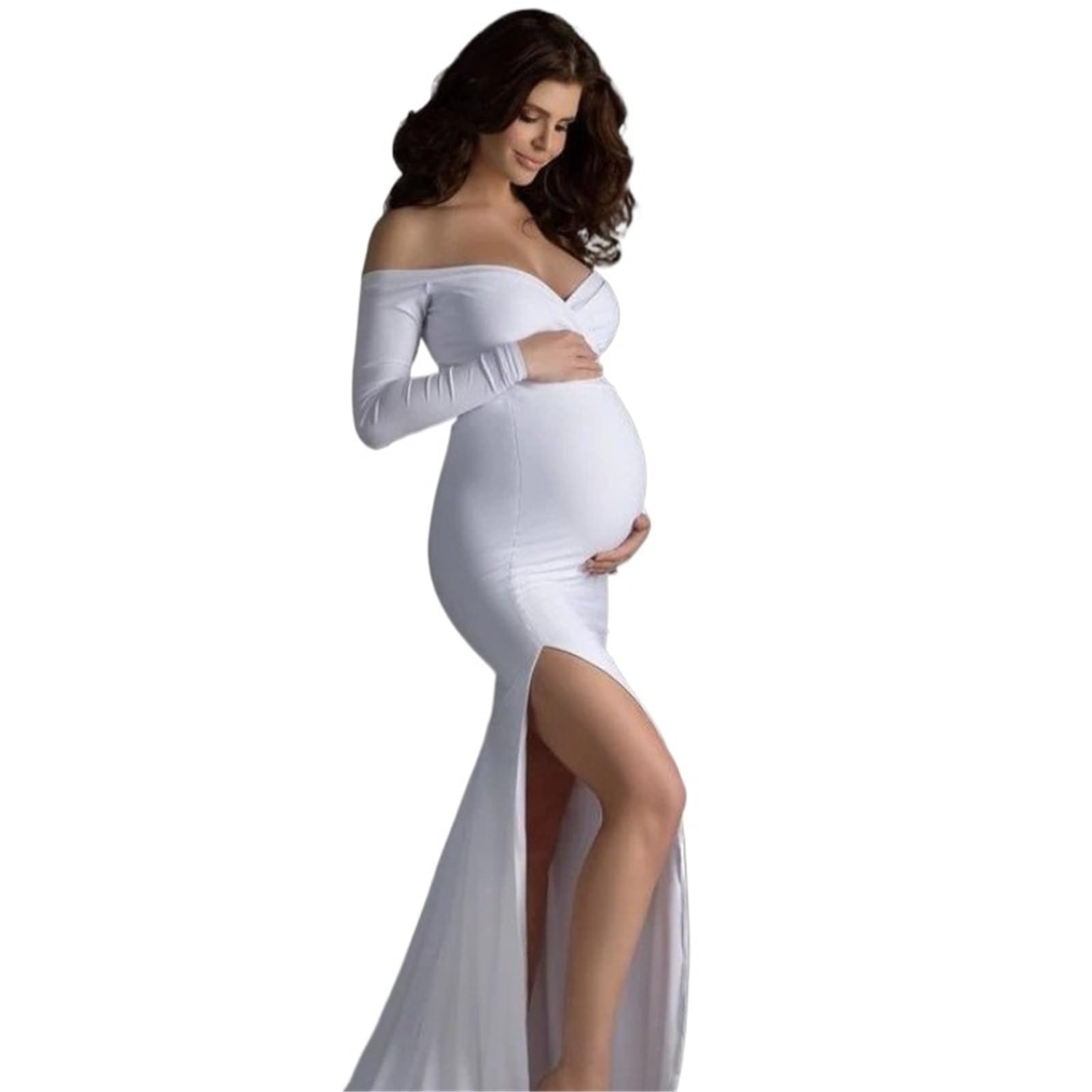 AMEEDA Maternity Clothes Women Pregnant Photography Clothes Shoulderless Maternity Dresses For Photoshoot Maxi Gown Long Pregnancy Dress(White,XL)