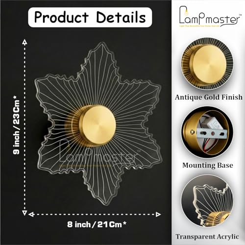 Image of Lampmaster Zyra StarLeaf LED Wall Light | 23cm Acrylic Decorative Lamp | 3 Color Changing | Energy-Efficient | Modern Wall & Ceiling Light for Living Room, Bedroom, Hallway | Gold | 1 Year Warranty