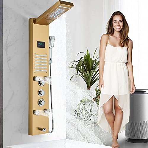 Columna de ducha LED impermeable y tipo cascada con sistema de masaje, torre de panel de ducha en acero inoxidable dorado