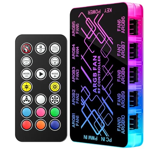 GSCOLER 10-Port ARGB & PWM Fan Hub Controller – Integrated RGB Self-Lighting PC Fan Hub with Motherboard Sync | Magnetic Mount, Wireless Remote, Chassis Key Control & SATA-Powered for 10 ARGB Devices