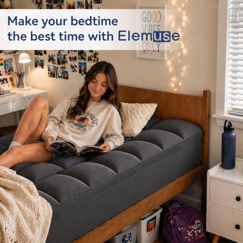Image of ELEMUSE Twin Grey Mattress Topper, Thick Pillow Top Mattress Pad | Overfilled down alternative filling adds plush comfort. Deep pocket design fits twin beds for small spaces and guest rooms.