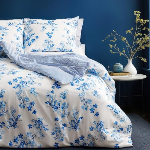 LERUUM Bettwäsche Herbst 135x200 Baumwolle Blau Blumen Streifen Reversibel...
