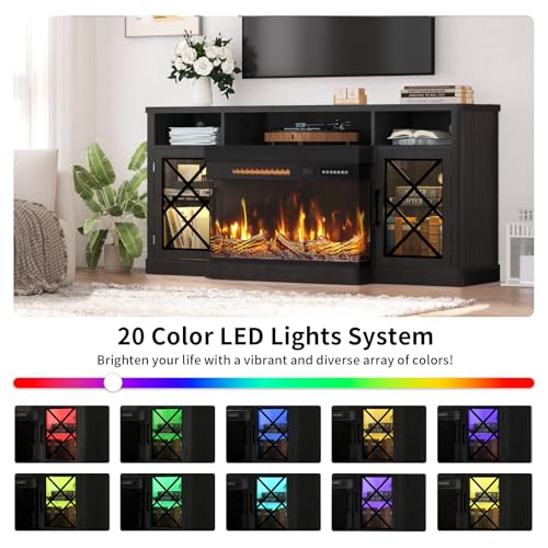 Image of BREEZEHEAT Fireplace TV Stand for TVs up to 75 inch, 3-Sided Electric Entertainment Center with 30 inch LED Fireplace, Media Console w /Storage Cabinet & Glass Doors, 65Inch, Black