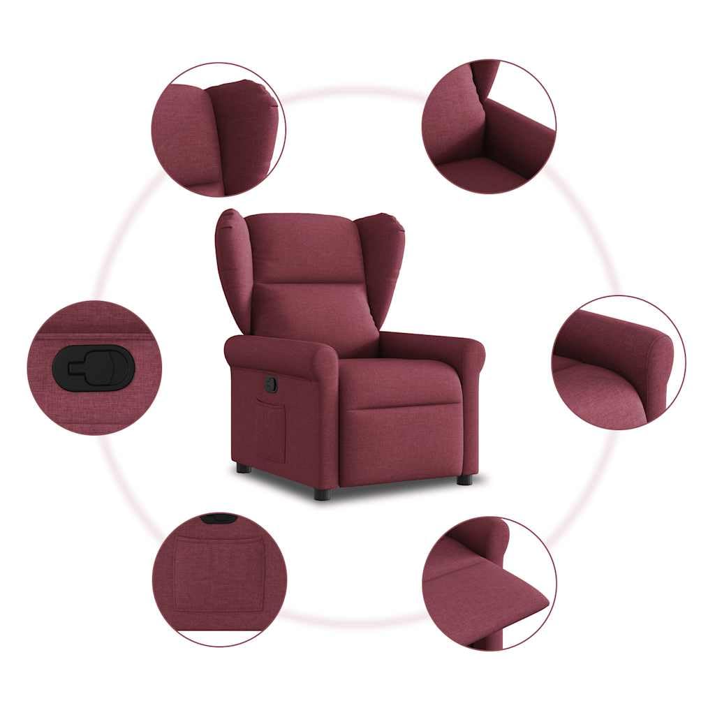 Fotel relaksacyjny w kolorze czerwonego wina z ręczną funkcją leżenia, wygodne krzesło tapicerowane do salonu i biura, ergonomiczny z podłokietnikami, stabilna rama z drewna i metalu