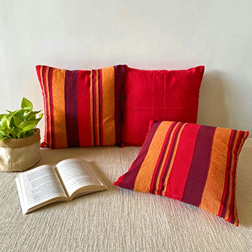 Image of RANGBHAR Handloom Cushion Covers with Concealed Top Zip, Set of 3, Striped, 16 x 16 inch, Red