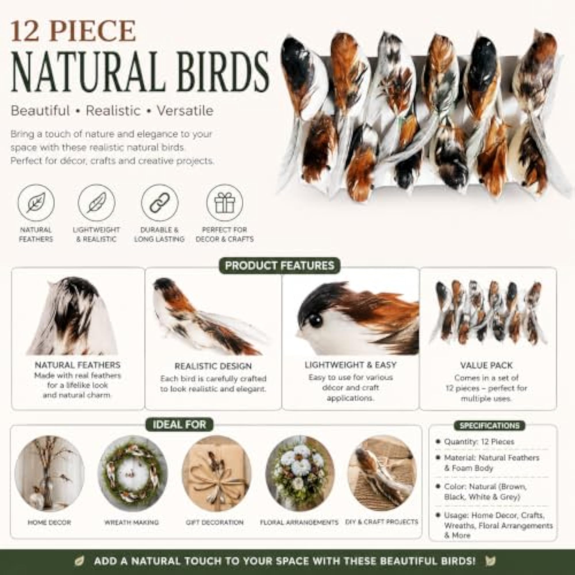 Artificial Peacock 2-Piece Set with 12 Artificial Natural Birds