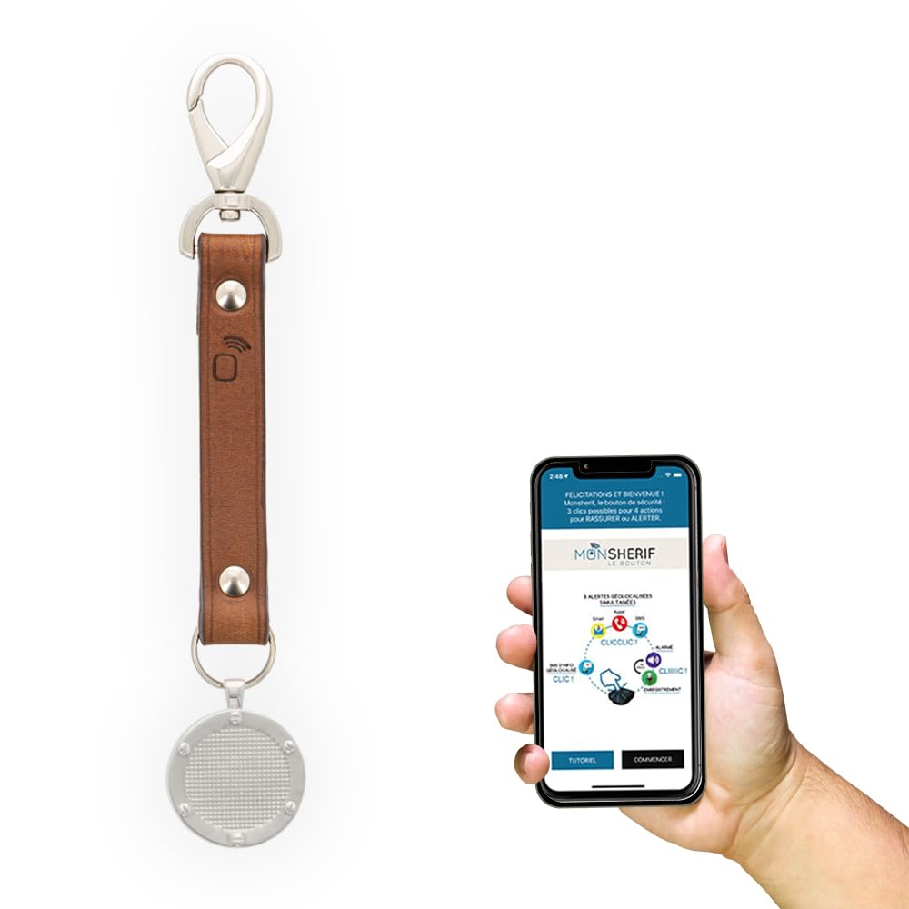 Bouton d'alerte MONSHERIF + médaillon hublot argenté avec lanière Marron : l’élégance au Service de la sécurité avec Un Bouton d’Alerte connecté Discret
