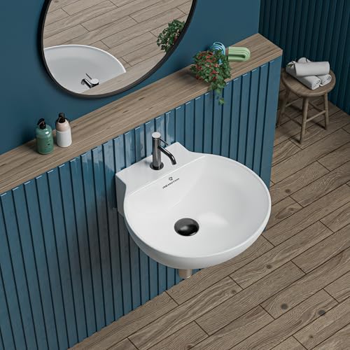 Image of REMOTION Ceramic Wall Hung Corner Wash Basin for Bathroom | Wall Mounted Corner Sink for Small Bathrooms & Powder Rooms | Space-Saving, Durable & Stylish Design (12 x 12 x 5 Inch)