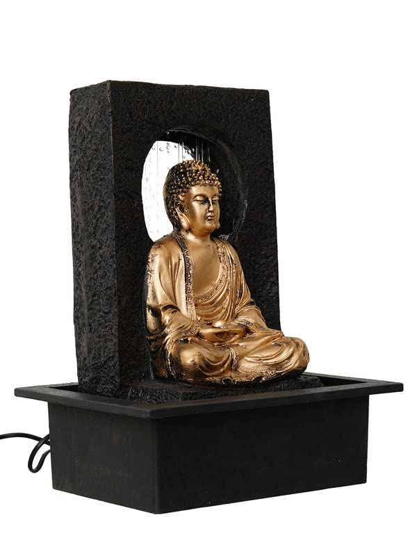 Image of Polyresin Table Top Golden Brown Meditating Buddha Indoor Waterfall Fountain for Home Decor with Yellow LED Lights, Speed Controller Pump (Size: 38 x 22 x 29.5CM | Weight: 2120grm)