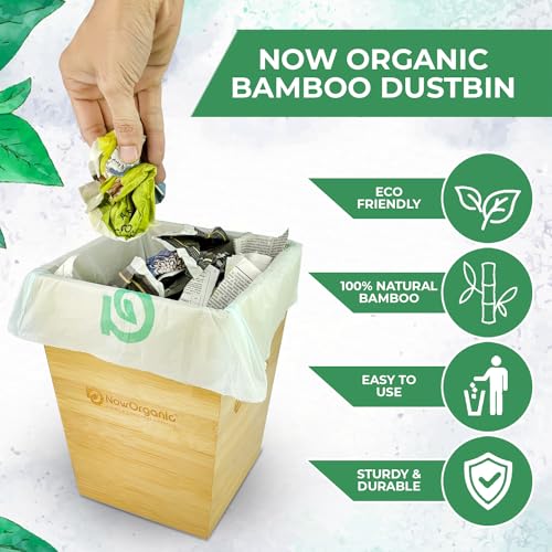 Image of Now Organic Brand premium Natural Plastic free Bamboo Dustbin /Trash, Garbage bin waste Container for Bathroom | Room | Kitchen | Office | Small