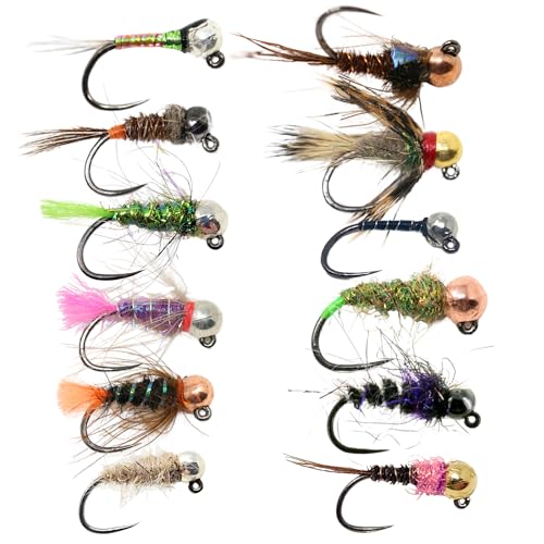 The Fly Crate 12 Barbless Euro Czech Nymphing Trout Fly Fishing Flies - European Nymph Fly Assortment with Tungsten Beads - Jigs, Perdigons, and Barbless Nymphs