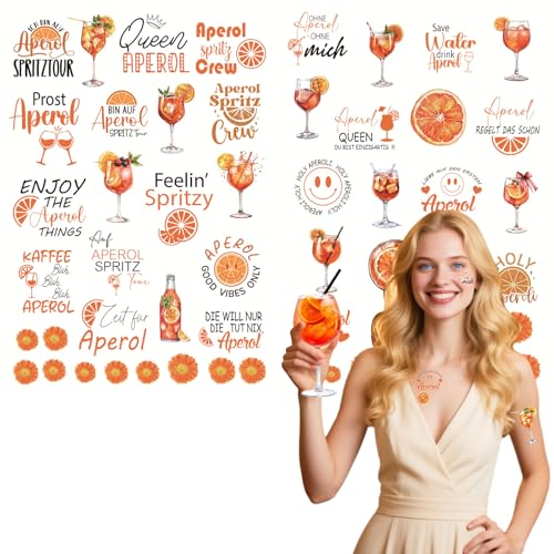 Aperol Geschenk – 12 Bögen Aperol Spritz Tattoos (37 Motive), Temporäre Aperol Klebetattoos für Gesicht & Körper, Sommer Cocktail Accessoires für Karneval, Fasching, Party & Festival