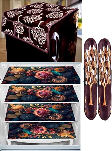 Image of REVEXO Set of 1Pc Polyester Fridge Top Cover with 6 Utility Pockets + 4Pc Fridge Mats + 2Pc Handle Cover -REV -203