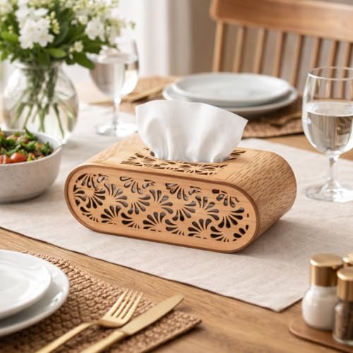 Image of Premium Wooden Tissue Box Cover for Table - Laser Cut Floral Design Napkin Holder, Decorative Rectangular Tissue Dispenser Case for Living Room, Dining Table & Office Desk Decor (Brown)