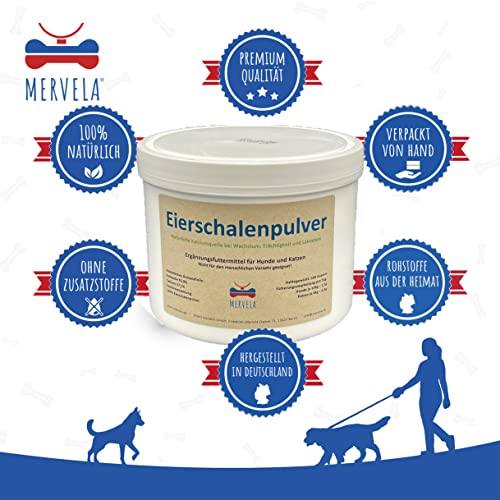 MERVELA Eierschalenpulver Hunde | 500 Gramm | Eiweißpulver | Eierschalen gemahlen | Kalzium für Hunde & Katzen | Eierschale | 100% natürlich | Hundefutter-Futterzusatz | Calcium Knochen & Zähne