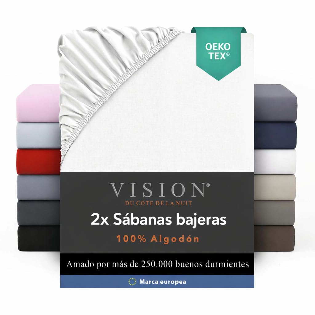 VISION Sábana Ajustable - 100% algodón - Cama Doble (150 x 200 cm) - Esquinas elásticas - Se Adapta a colchones de hasta 30 cm - Certificación Oeko-Tex - Lavable a máquina - Color: Blanco — view 19