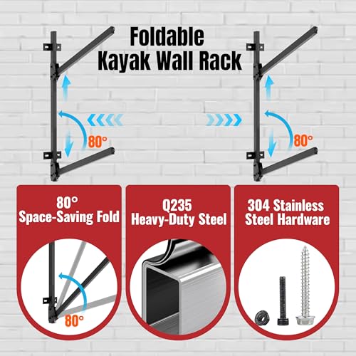 Image of Folding Kayak Wall Rack, 240 lbs Heavy Duty Garage Storage Hanger, 2-Tier Adjustable Mount with 304 Stainless Steel Hardware, Fits Canoe, SUP & Surfboard - Black