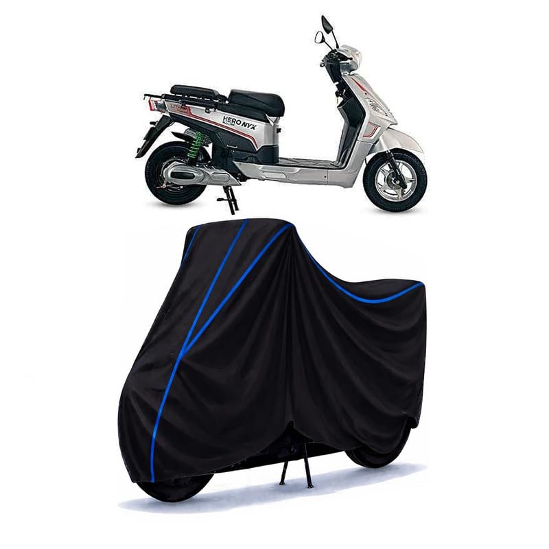 Image of Scooty Cover Water Resistant for Electric NYX BS6 | Universal Scooter & Bike Cover | Heavy Duty UV Dust, Rain & Scratch Protection | Elastic Fit All Weather Indoor Outdoor | Black with Blue Piping