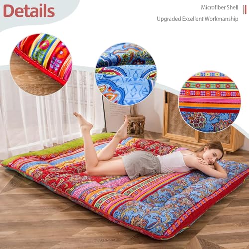Image of MAXYOYO Bohemian Retro Floor Mattress Vintage Floral Japanese Futon Mattress Roll Up Thicken Sleeping Bed Portable Camping Mattress Floor Lounger Couch Bed Mattress Pad, Twin Size