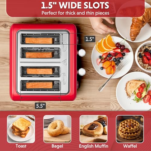 Image of BUYDEEM DT640 4-Slice Toaster, Extra Wide Slots, Retro Stainless Steel with High Lift Lever, Bagel and Muffin Function, Removal Crumb Tray, 7-Shade Settings,Red