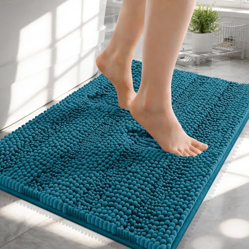 Image of OLANLY Thick Small Bathroom Rugs 24x16, Extra Absorbent Chenille Striped Bath Rugs, Rubber Backing, Machine Wash, Bath Mats for Bathroom Floor, Tub and Shower, Home Decor Accessories, Peacock Blue