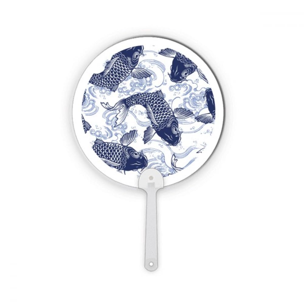 Éventail rond japonais bleu motif carpe cadeau traditionnel