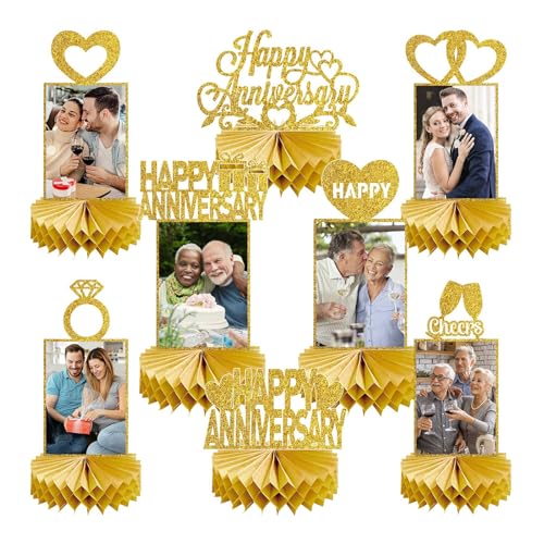 Bubaxuce 8 peças decorações douradas para aniversário de casamento, centro de mesa de favo com brilho dourado, ornamento fotográfico para comemoração, suprimentos para festa,