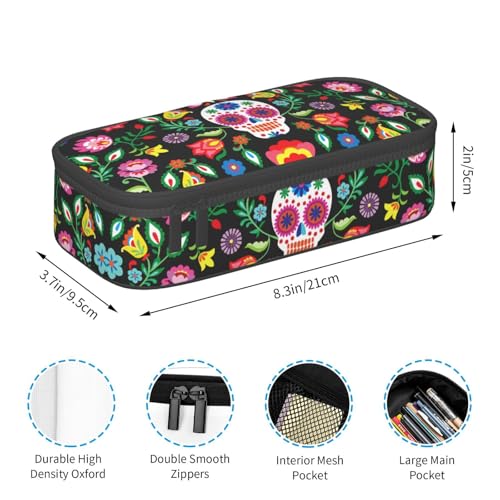 Image of Cool Mexican Skull Floral Pencil Case Organizer Big Capacity Pencil Pouch Stationery With Zipper School Supplies Pencil Bag For Girls Boys Office