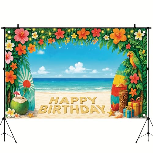 Image of Summer Hawaiian Birthday Backdrop Tropical Flower Beach Party Decorations Banner 71 x 43 Inch Surfboard Parrot Coconut Background for Kids Adults Happy Birthday Photography Props