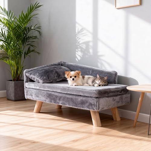 SOARS Hundesofa, Katzensofa mit Rückenlehne, Kissen & Holzbeinen, Hundecouch für kleine Hunde, Hundebett erhöht, Haustiersofa, 81 x 51 x 47 cm, Grau
