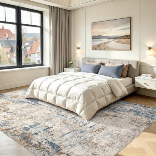 DMOYEST Teppich Wohnzimmer 150x200cm Blau Beige Modern Abstrakt Waschbar – Ansicht 2