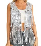 Fabric:The women sleeveless tassel vest is lined with a soft polyester material that is very skin-friendly and breathable. Design:Sparkly sequin fringe vest jacket for women boasts a flattering v-neckline, rivet embellishment, sleeveless open front c...
