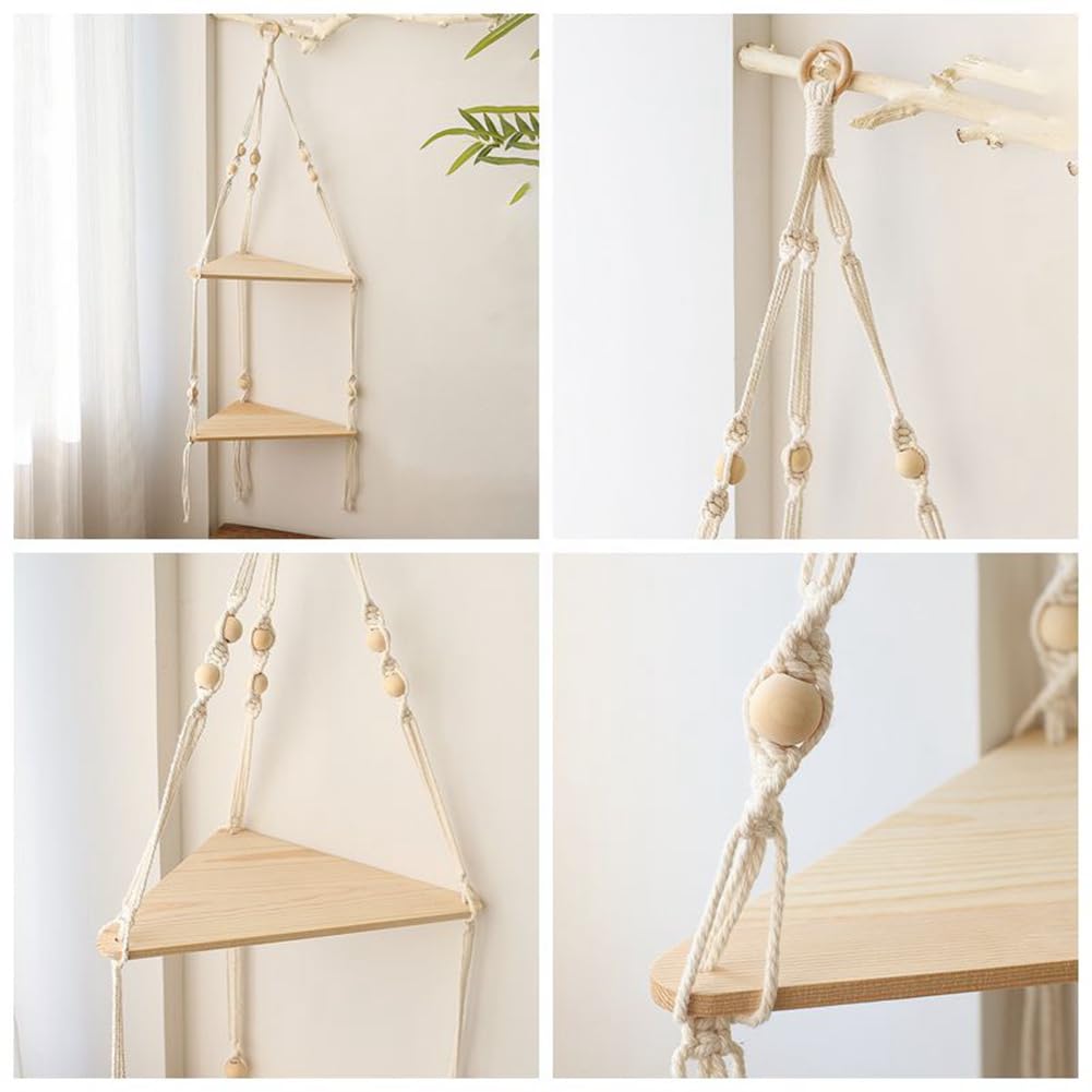 Mensola Sospesa a Parete, Mensole Boho con in Legno, Macramè Fatta Mano da 2 Pezzi per Appendere Mensola Sospesa a Parete, Mensole Boho con in Legno, Macramè Fatta Mano da 2 Pezzi per Appendere