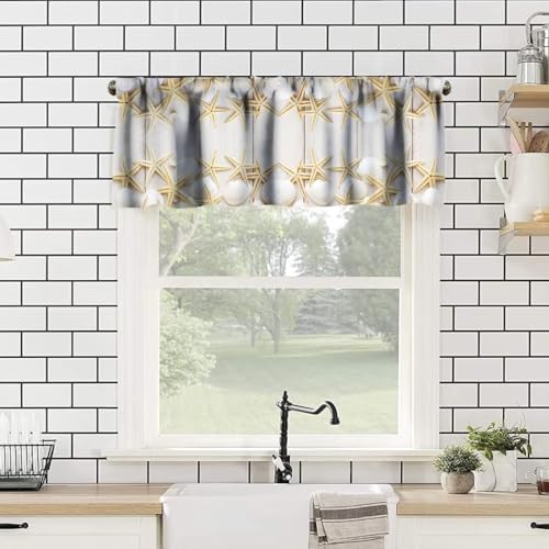 Image of Vintage Summer Beach Window Valance Curtain, Rustic Wooden Board Starfish Seashell Sealife Theme Window Treatment Valances for Kitchen Living Room Cafe Decor 54'x18', 1 Panel