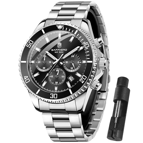 SAPPHERO Uhren Herren Chronograph Analog Quarz 50M Wasserdicht Armbanduhr Herren Mode Lässig Business Herrenuhren mit Kalender Edelstahlarmband Uhr Geschenk für Männer SAPPHERO Uhren Herren Chronograph Analog Quarz 50M Wasserdicht Armbanduhr Herren Mode Lässig Business Herrenuhren mit Kalender Edelstahlarmband Uhr Geschenk für Männer