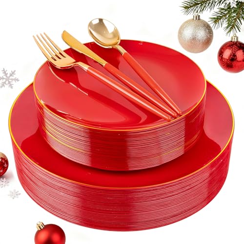 DaYammi 150Pcs Red Plastic Plates & Gold Cutlery with Red Handle,Christmas Disposable Plates Set Include 30 Dinner Plate, 30 Dessert Plate,30 Knives,30 Forks,30 Spoons for Christmas Party Holiday