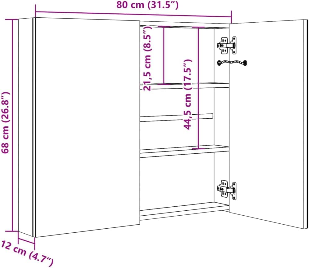LED Mirror Cabinet 80 x 12 x 68 cm Oak Bathroom Modern Wall Furniture with 3 Shelves Storage Space Narrow for Small Rooms and Hallway