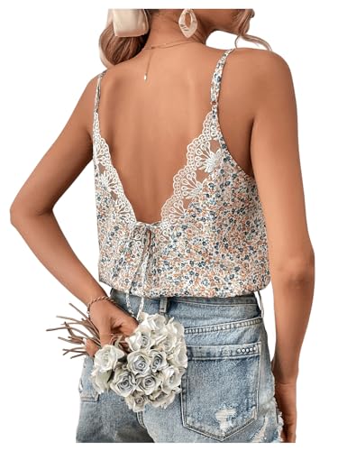 SOLY HUX Women's Ditsy Floral Print Cami Top V Neck Lace Trim Tie Backless Summer Tops