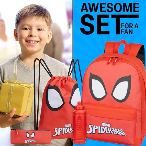 Marvel School Bag Set, 5 Piece Set with Backpack, Drawstring Bag, Pencil Case, Water Bottle & Keyring - Boys Gifts (Red Spiderman)3