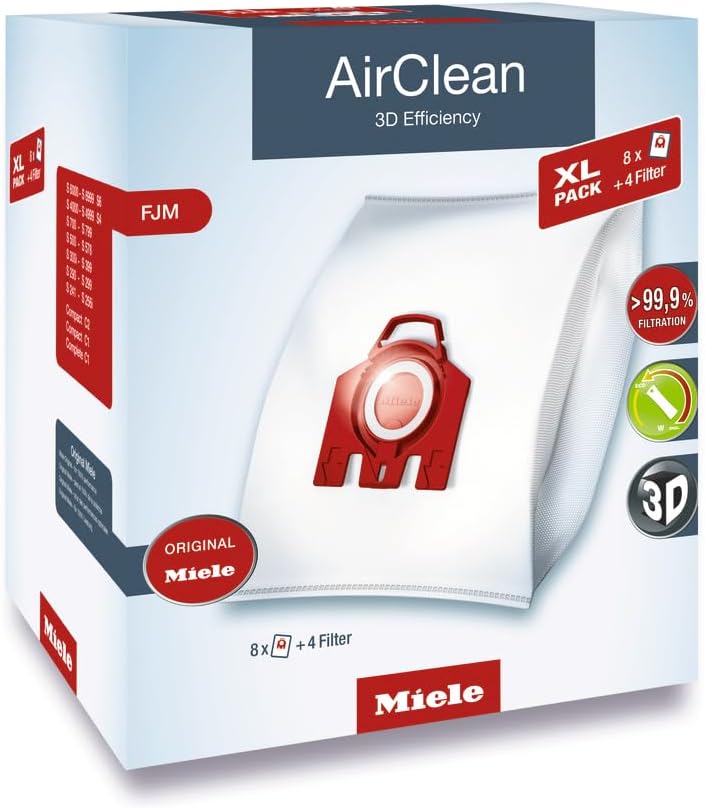 Miele Genuine AirClean XL Pack FJM Vacuum Cleaner Bags, 8 Bags Included, for Miele Compact C2, Compact C1, and Complete C1 Vacuum Cleaners