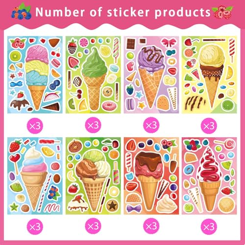 Image of Ice Cream Stickers, Make Your Own Sticker, Make a Face Stickers | 24 Sheets Summer Sticker for Kids Toddlers, Ice Cream Party Favor Supplies Craft