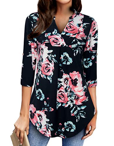 Womens Notch V Neck 3/4 Sleeve Dressy Tunic Shirts Work Blouse