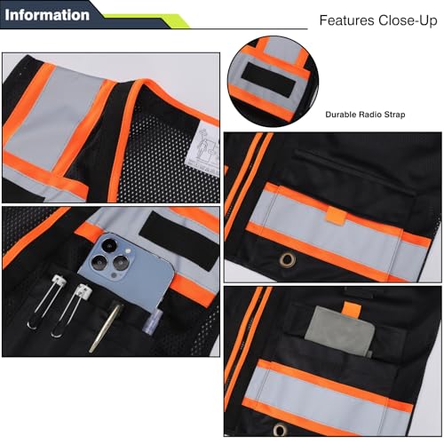 Image of Gasoline Class 2 High Visibility Reflective Safety Vests Women & Men | With 15 Pockets And Zipper Front,Meets Ansi /Isea Standards