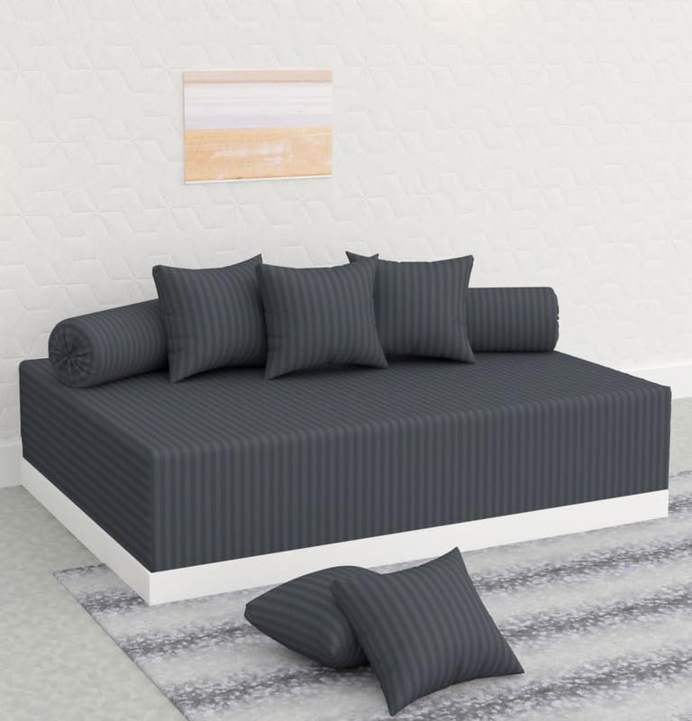 Satin Stripe Diwan Set for Living Room, Guest Room Glace Cotton, Set of 8 Pieces (Size (60x90) Inch 1 Single Bedsheet, 5 Cushion Covers, 2 Bolster Covers) Grey-image-39