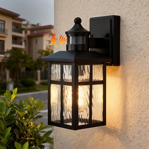 Edvivi Outdoor Wall Lights Exterior Dusk to Dawn Motion Sensor Outdoor Lighting Fixture with Water Glass 12 in. H 1-Light Matte Black Waterproof Wall Lantern Light for Patio Garden Garage Entryway