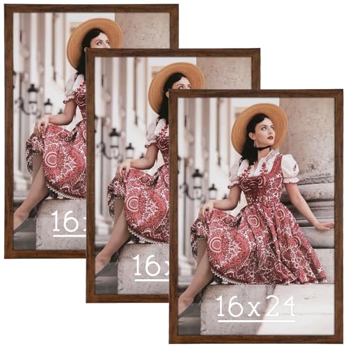 Dark Brown 16x24 Frame Set of 3 - Rustic Woodgrain 16 x 24 Poster Frame with Plexiglass for Wall Gallery Display, 16x24 Picture Frame for Puzzles, Artwork, Photos and Posters - Ideal Christmas Day