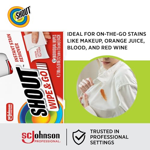 Image of SC Johnson Professional Shout Wipe and Go Stain Remover Wipes, 144 Count | Portable double-sided textured wipes for makeup, coffee, juice and wine stains; 12 pouches of 12, 144 wipes